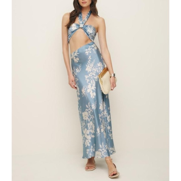 Reformation 100% silk Blue Floral Dress NEW - Picture 1 of 8